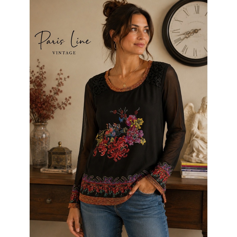Paris Line Vintage Black Floral Bird Graphic Top Mesh Sleeves Metallic Size M